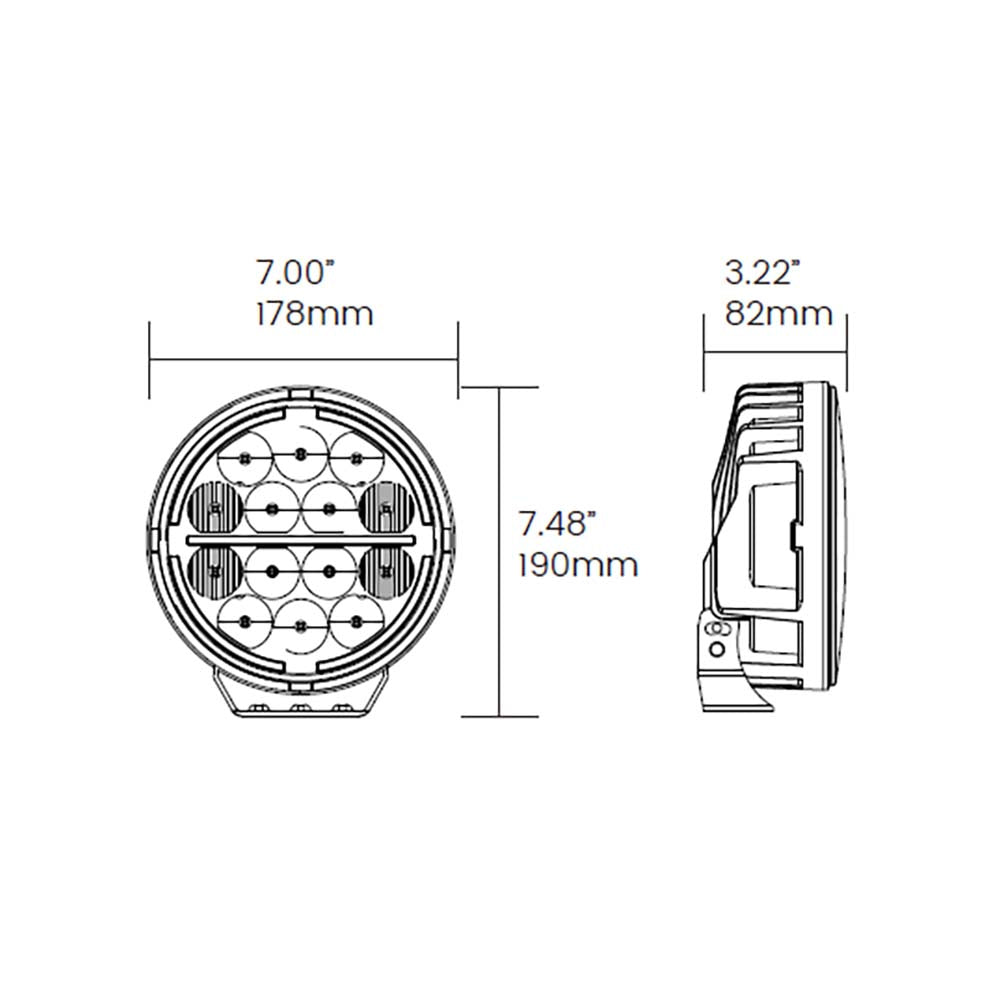 Dimensions of Off Road Odyssey - 7" 701 Lamp on a white background