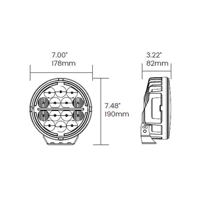 Dimensions of Off Road Odyssey - 7" 701 Lamp on a white background