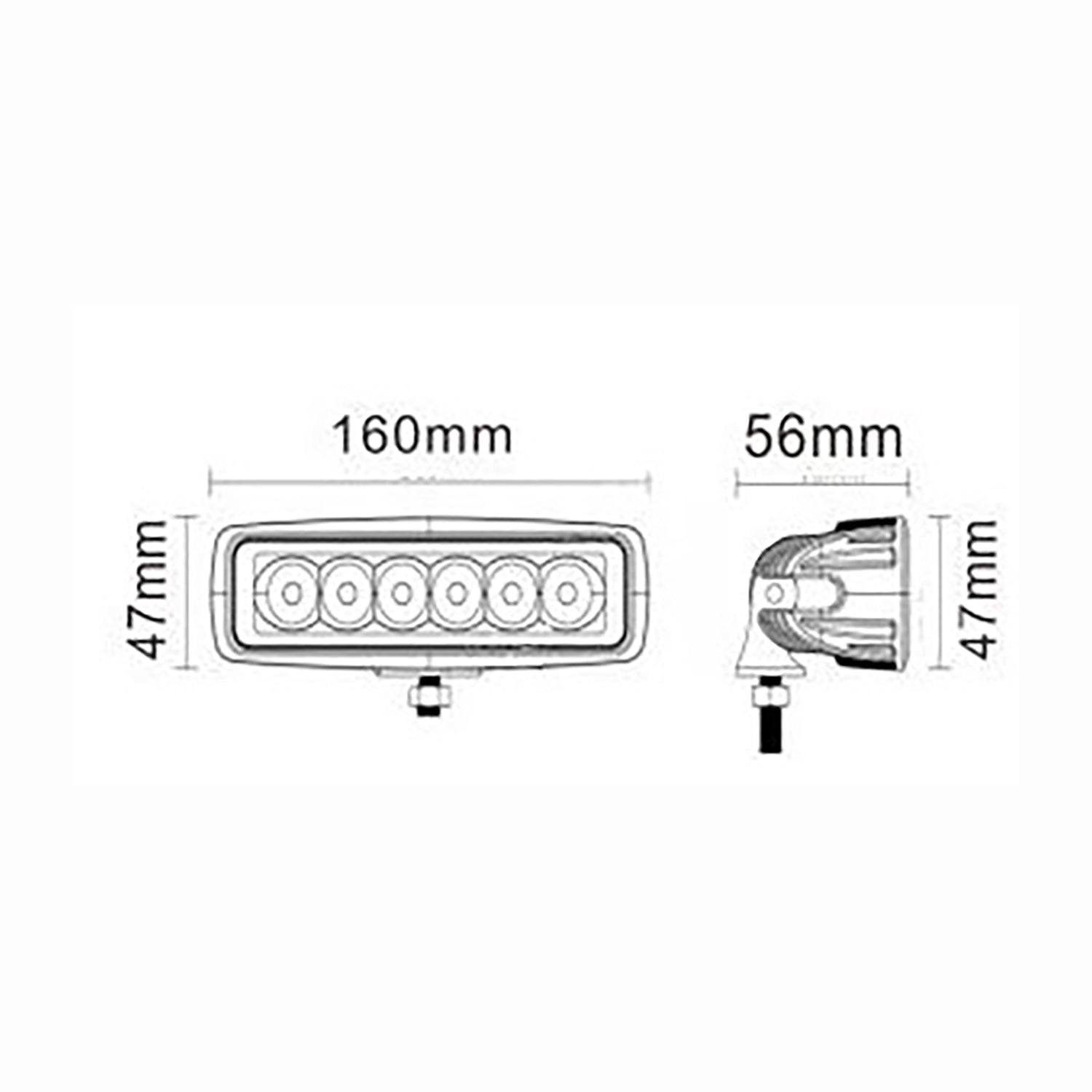 Work lamp with multiple LEDs on a white background with dimensions