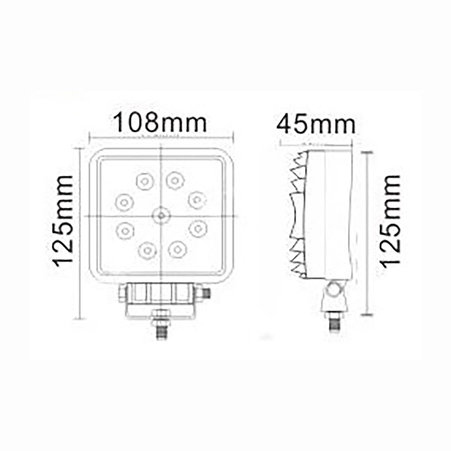 Technical drawing of a work lamp with dimensions labeled