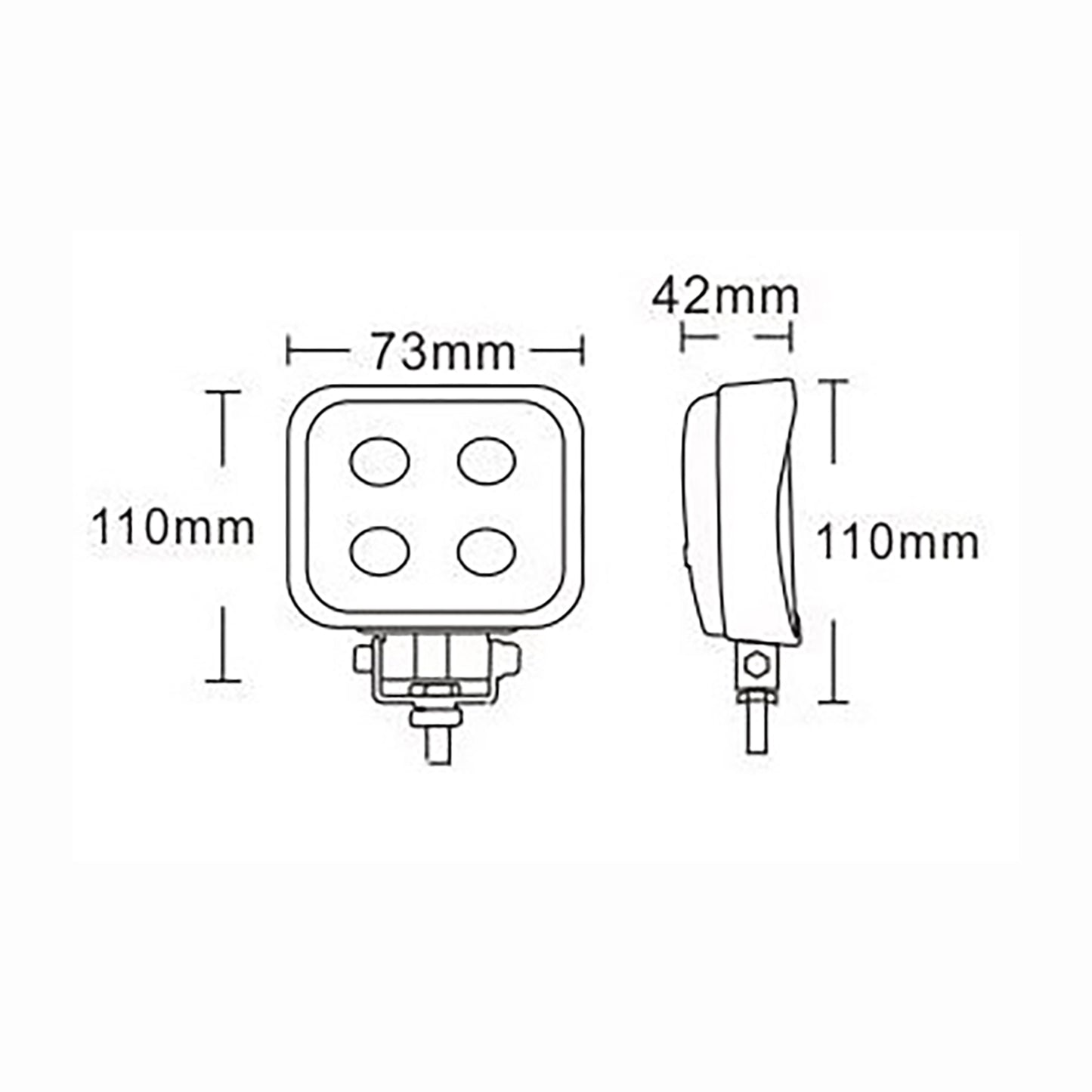 Technical drawing of a rectangular light fixture with dimensions labeled