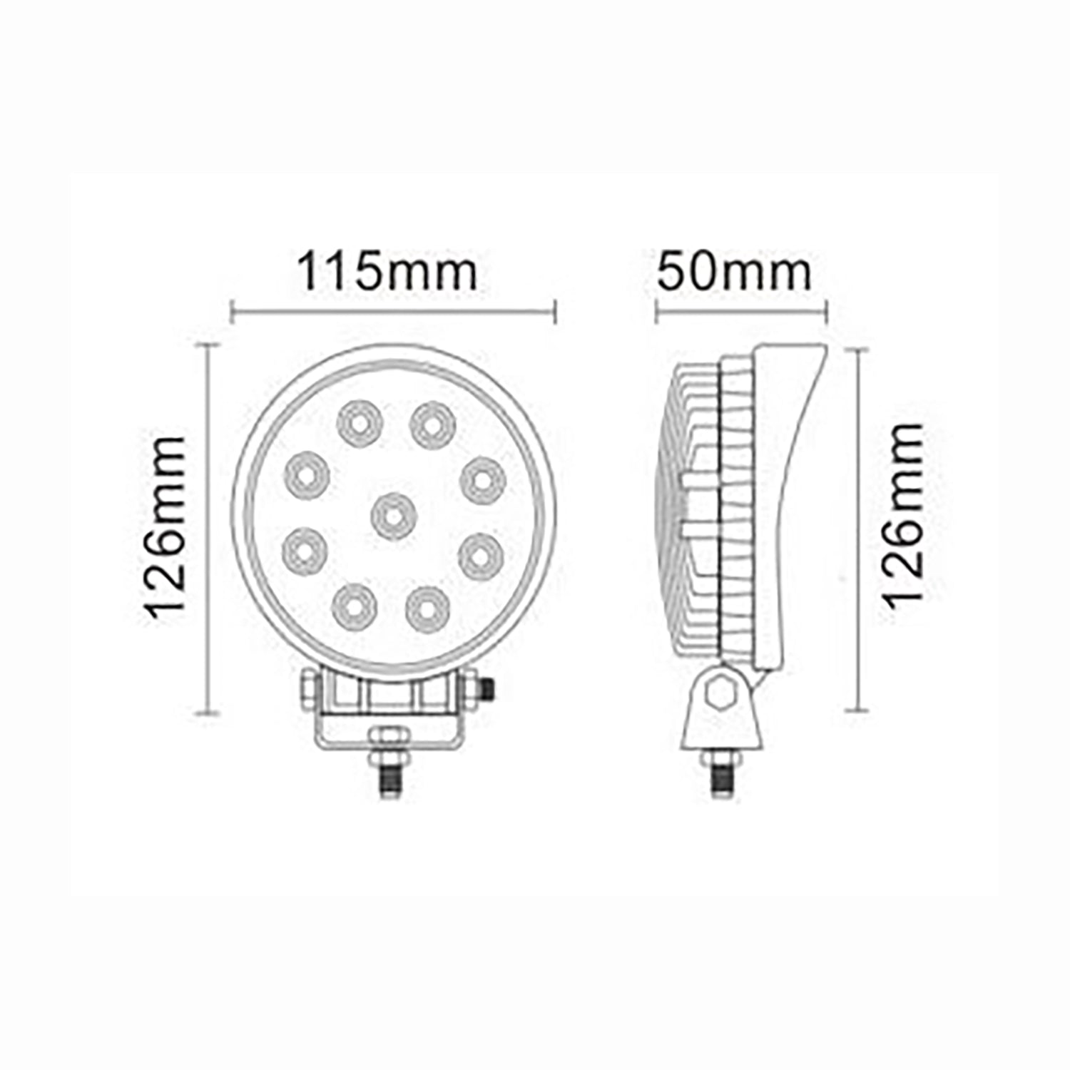 Measurement chart of a round LED light with dimensions labeled.