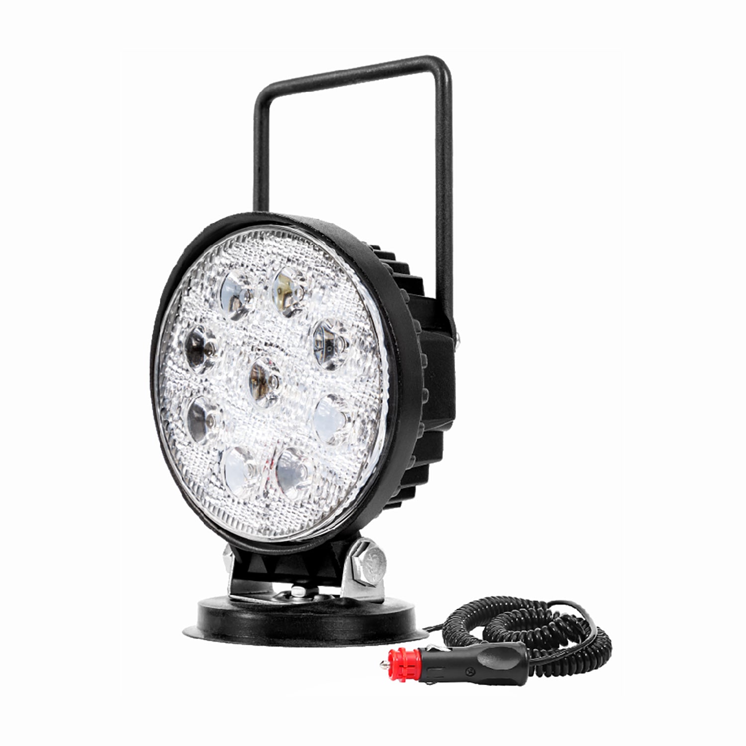 Black work light with clear lens on a white background