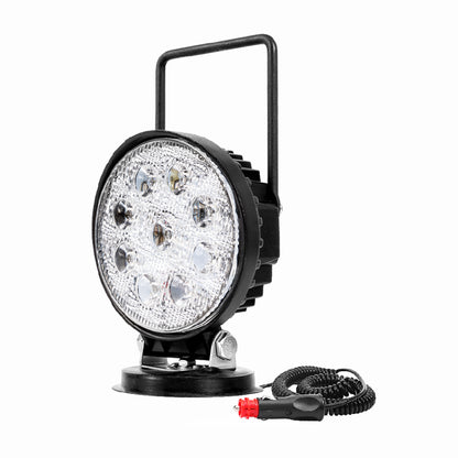Black work light with clear lens on a white background