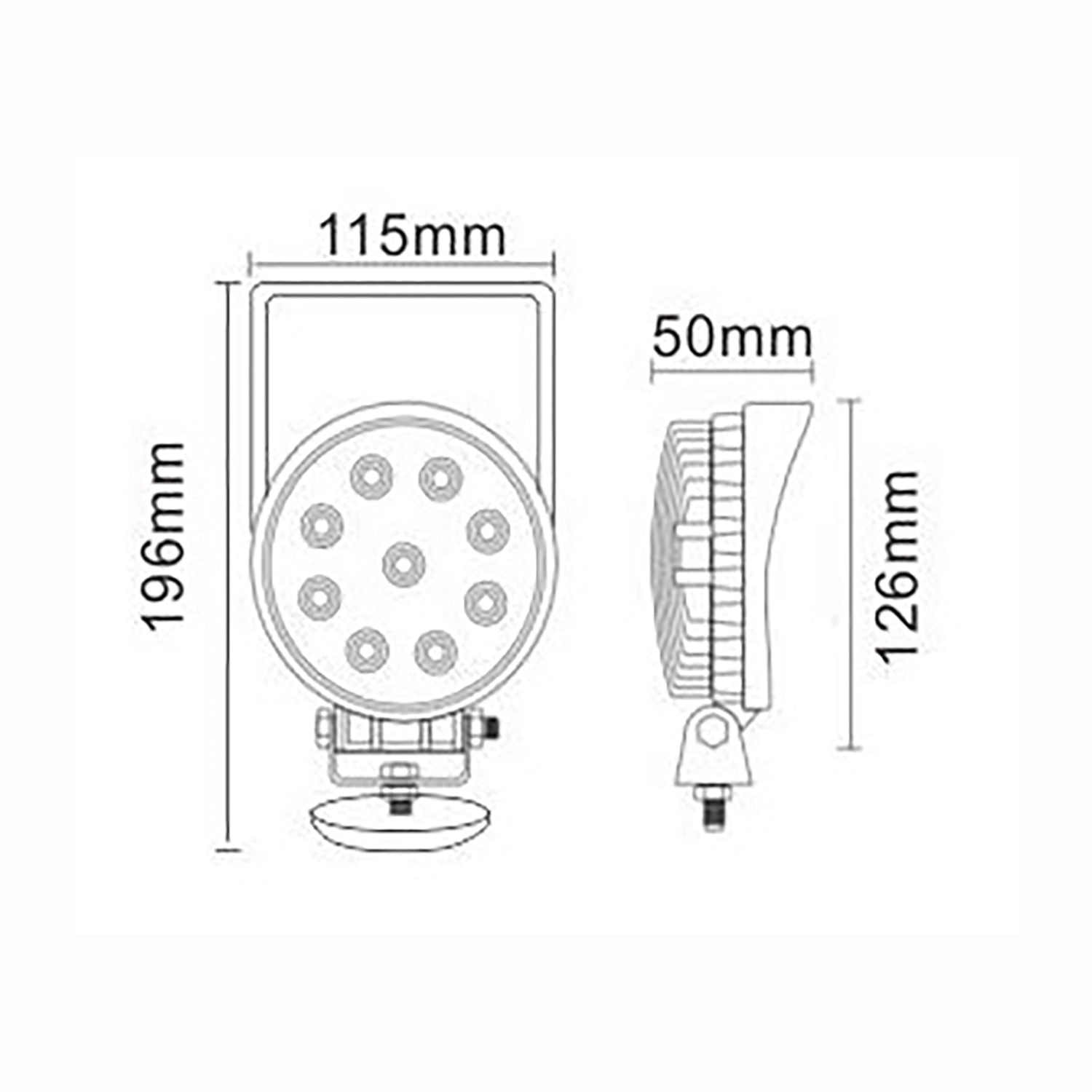 Technical drawing of a light fixture with dimensions labeled