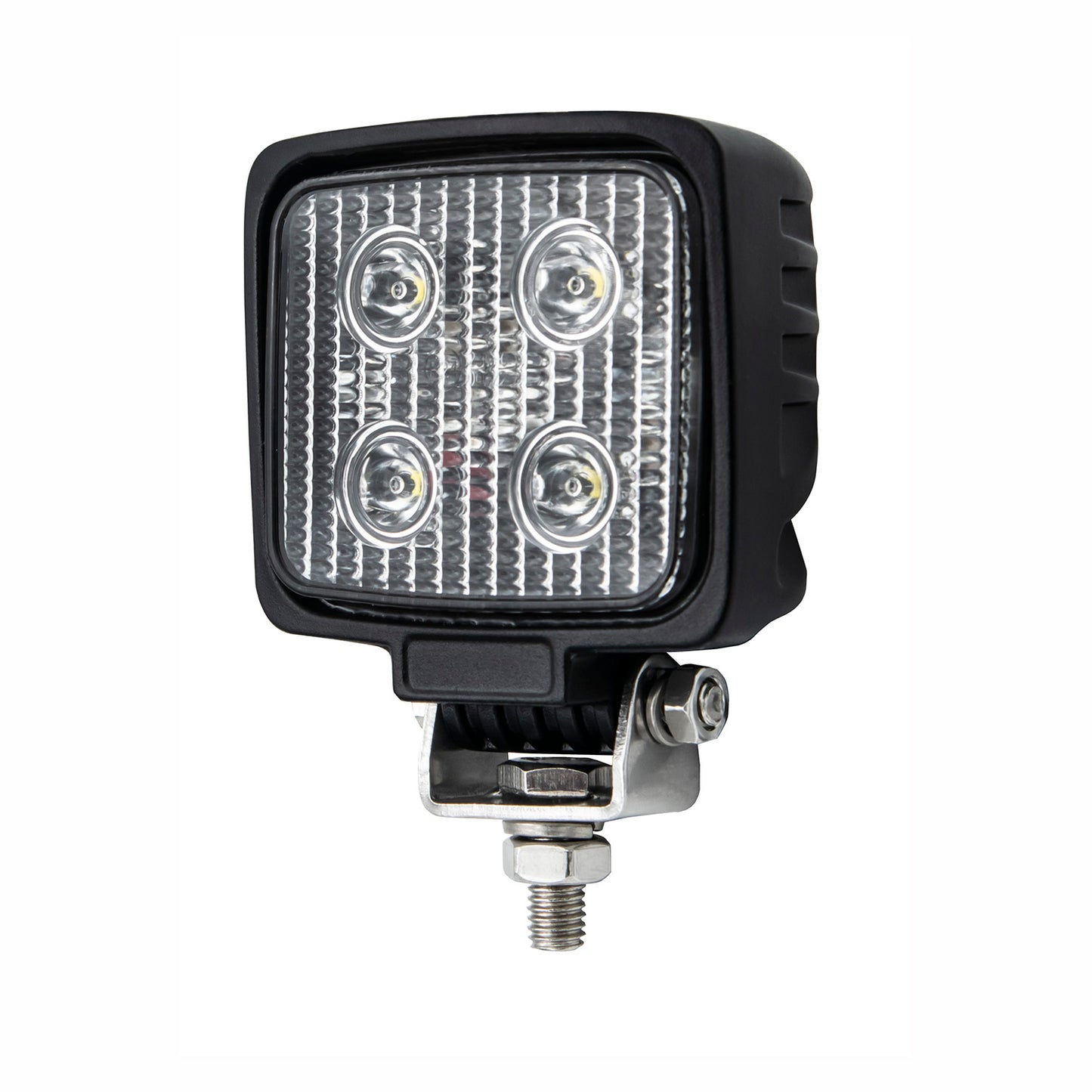 Square LED work light with four bright LEDs on a white background