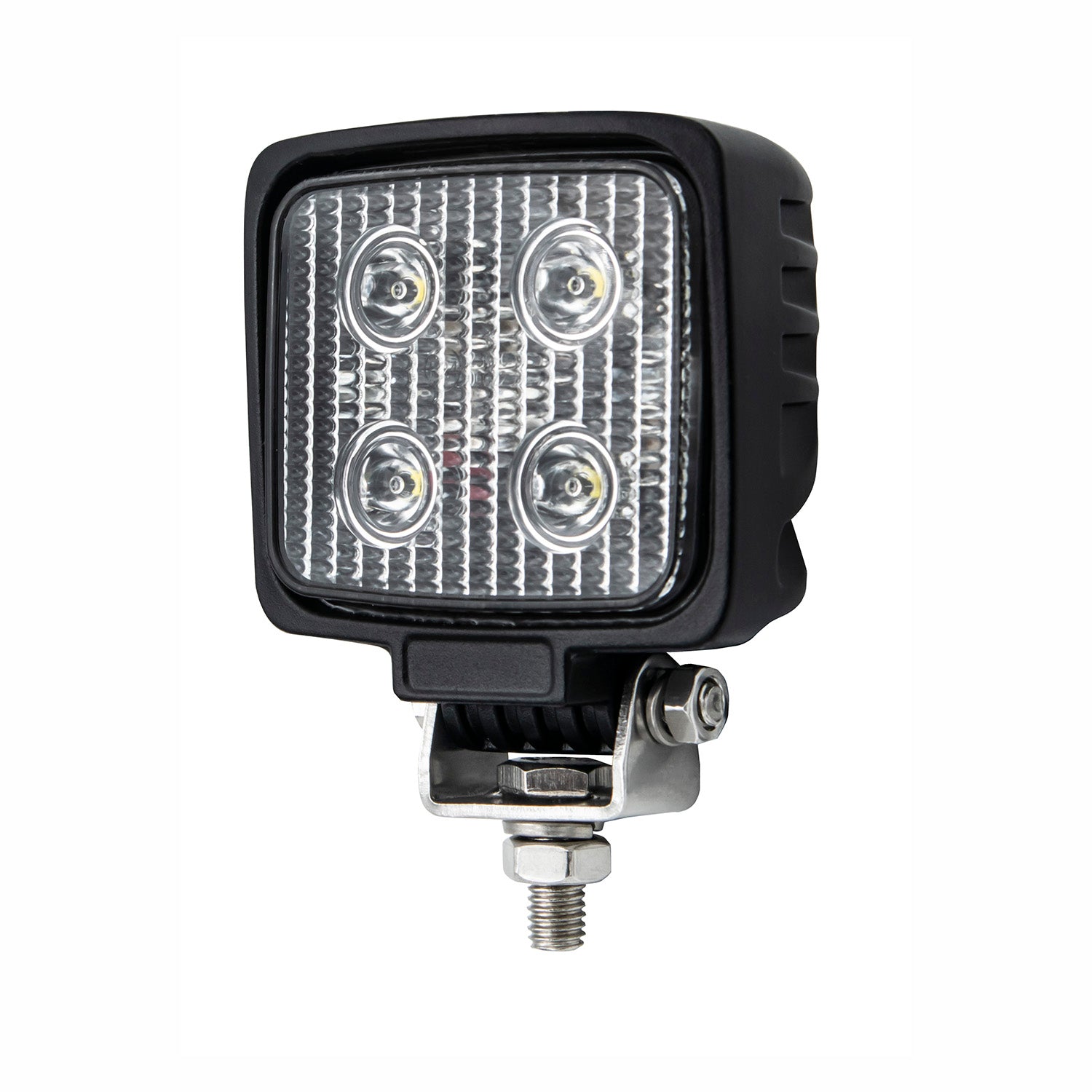 Square LED work light with four bright LEDs on a white background