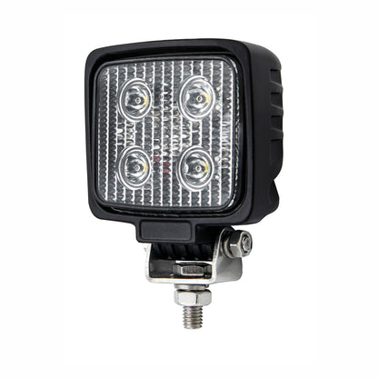 Square LED work light with four bright LEDs on a white background