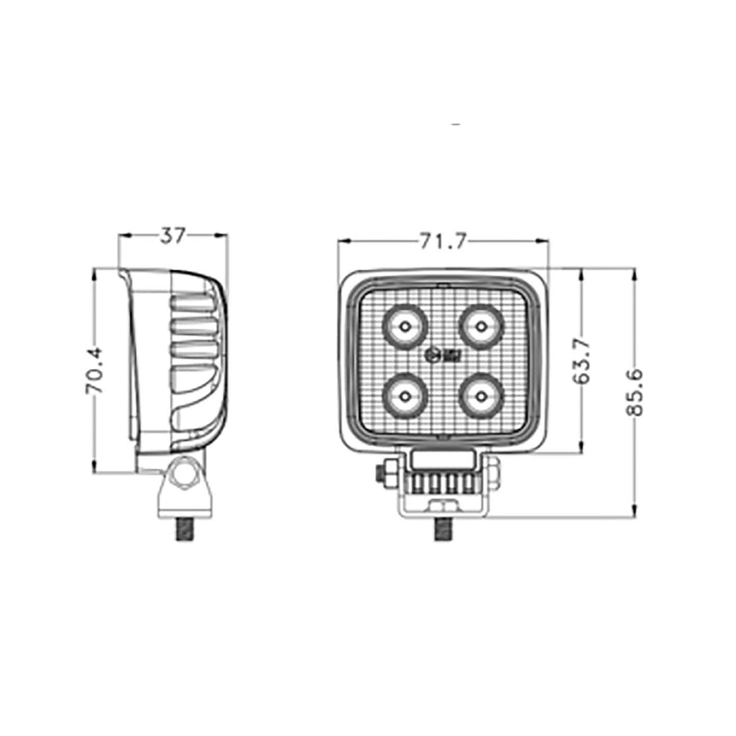 Technical drawing of square LED work light with multiple lights on a white background with dimensions