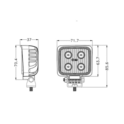 Technical drawing of square LED work light with multiple lights on a white background with dimensions