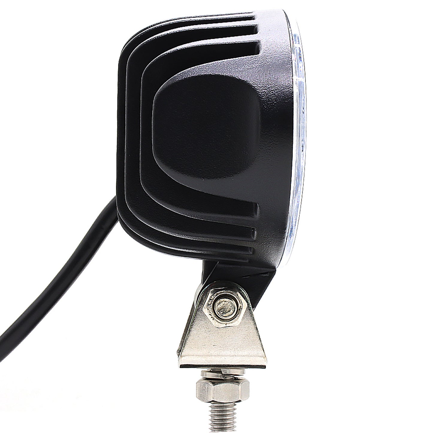 Black LED work light with a silver mounting bracket on a white background