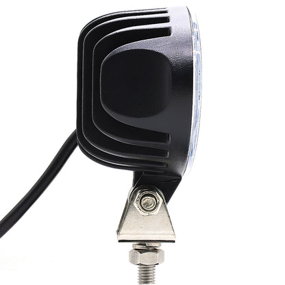 Black LED work light with a silver mounting bracket on a white background