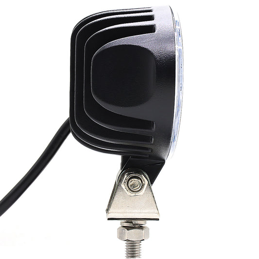 Black LED work light with a silver mounting bracket on a white background