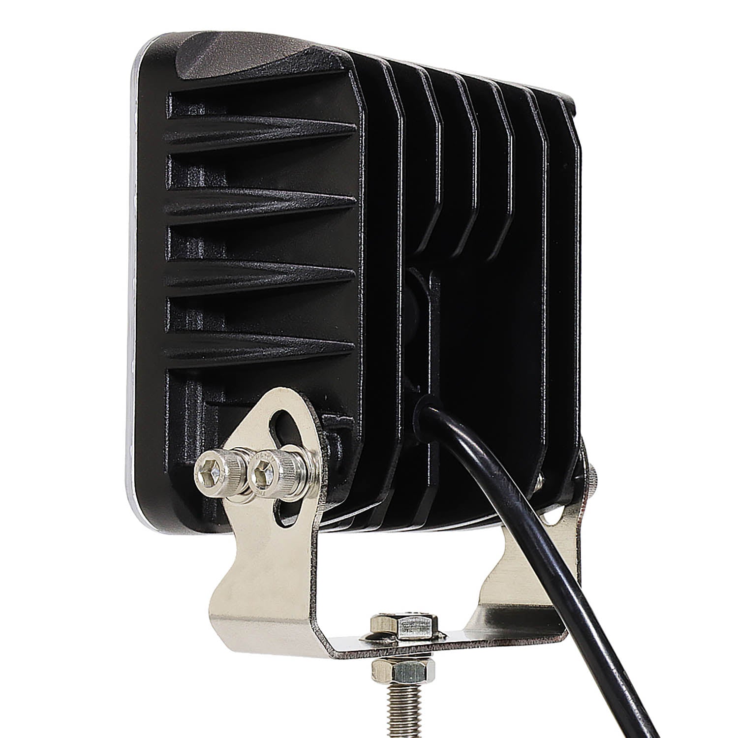 Black LED work light with metal mounting bracket on a white background