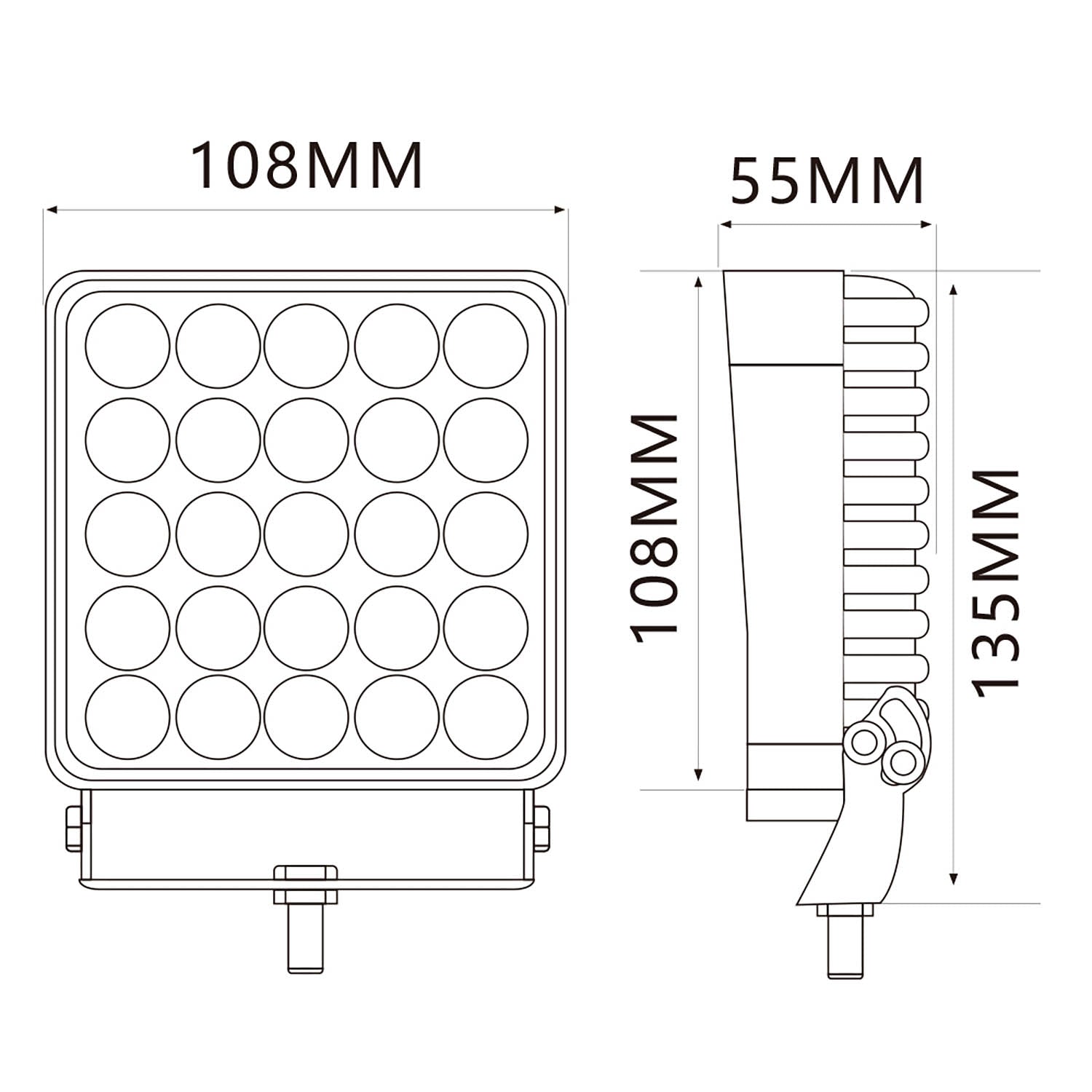 Technical drawing of a work lamp with dimensions labeled