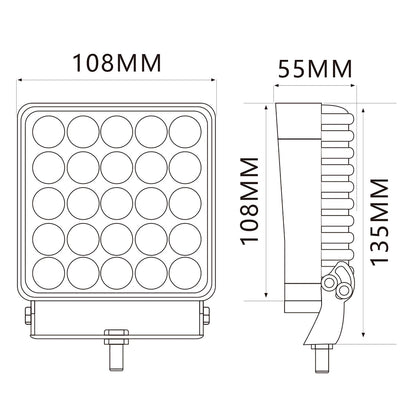 Technical drawing of a work lamp with dimensions labeled