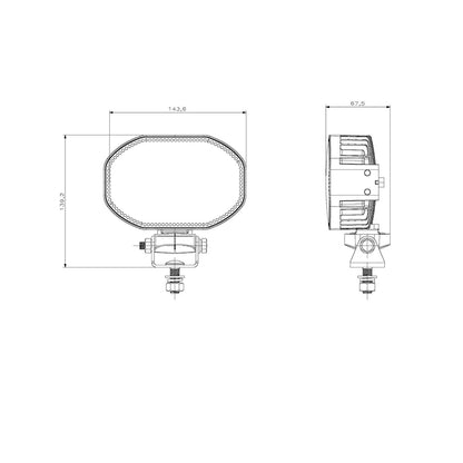Technical drawing of a vehicle light with dimensions on a white background