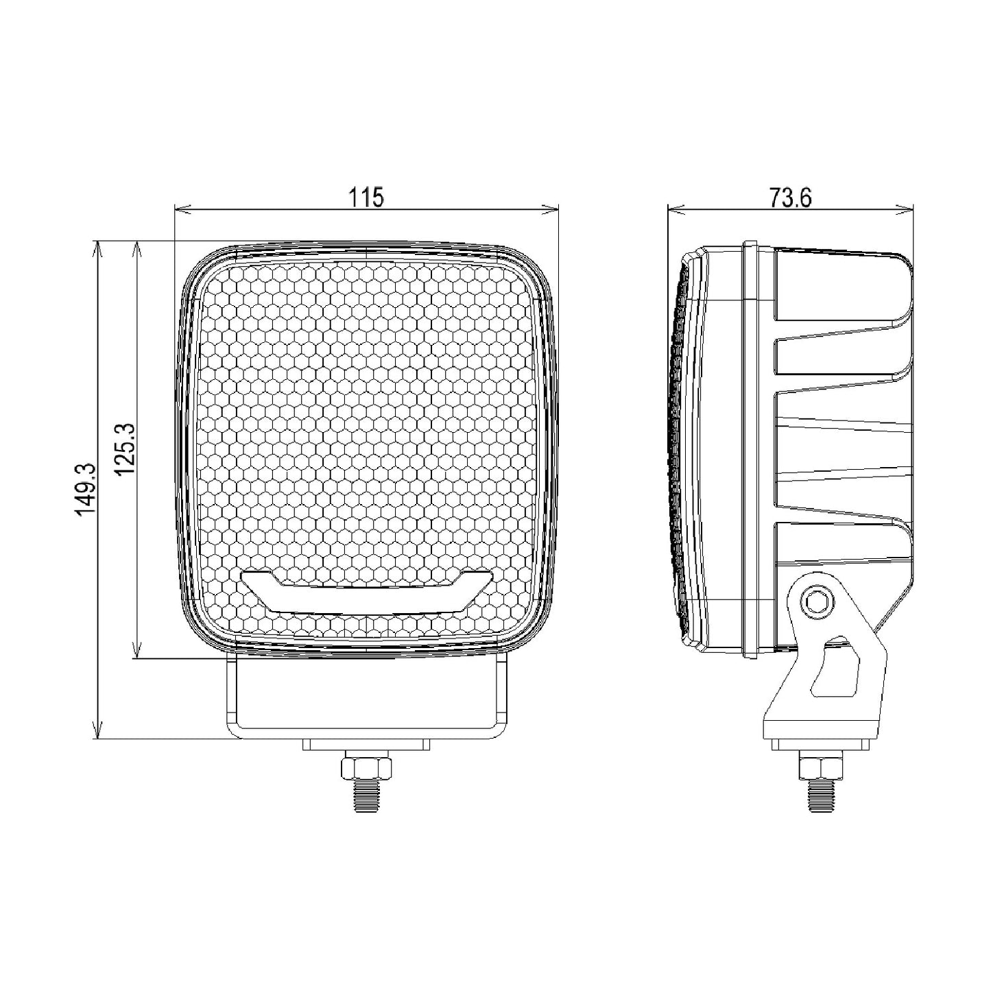 Technical drawing of a square light fixture with dimensions labeled