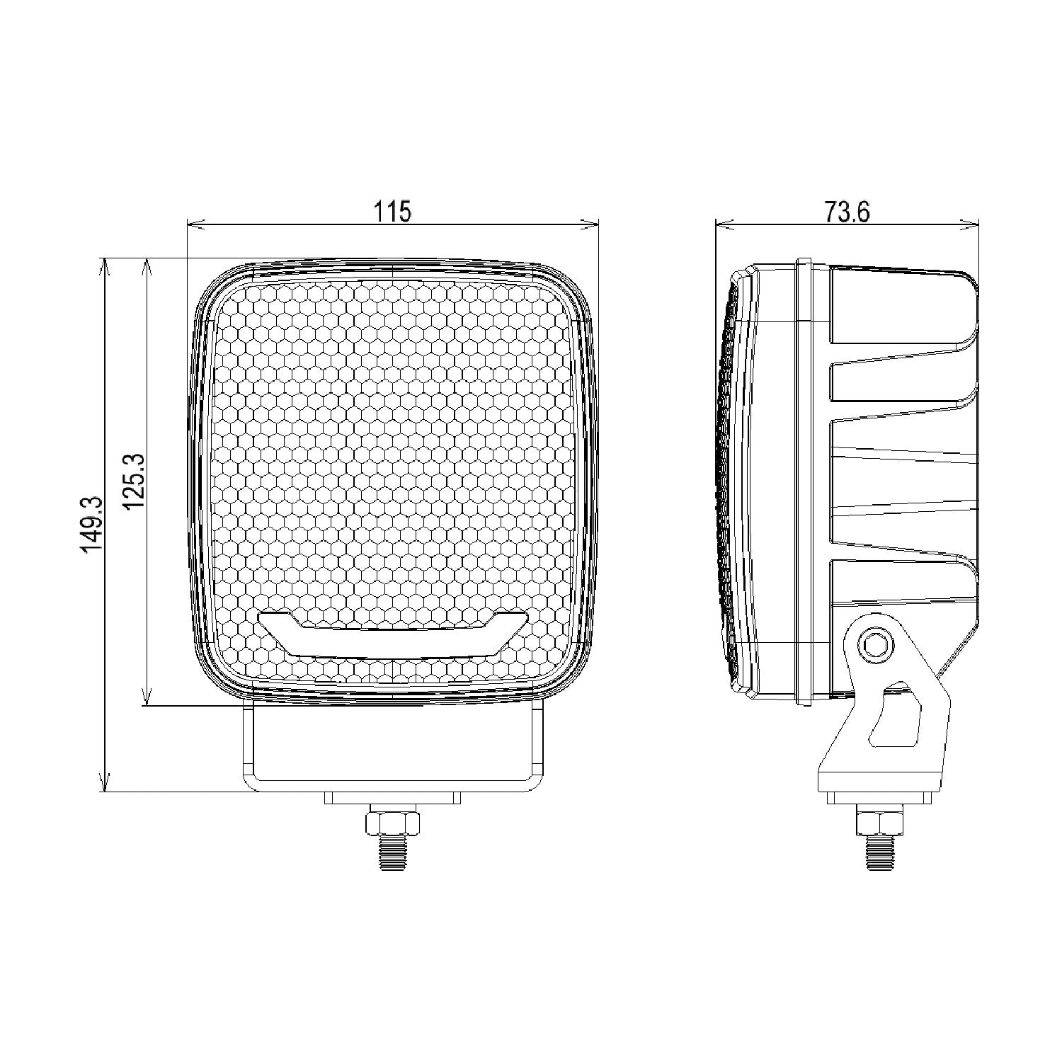 Technical drawing of a square light fixture with dimensions labeled