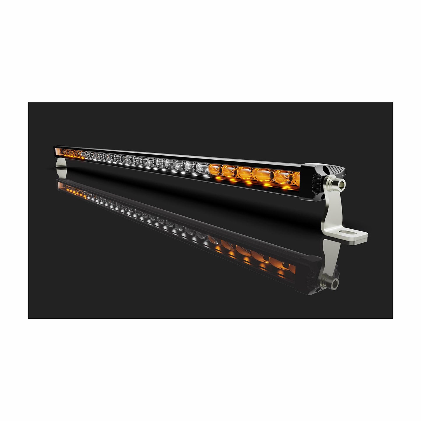 LED light bar with amber and white lights on a black background