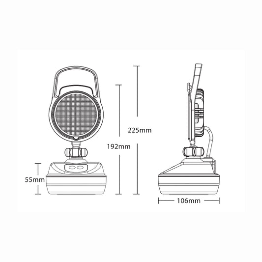 Technical drawing of a work lamp with dimensions labeled