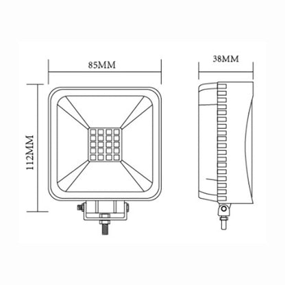 Technical drawing of a square LED light with dimensions labeled
