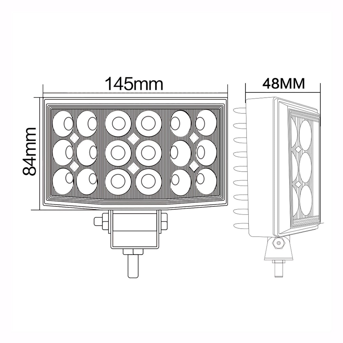 Technical drawing of 240° Wide Angle Work Lamp on a white background