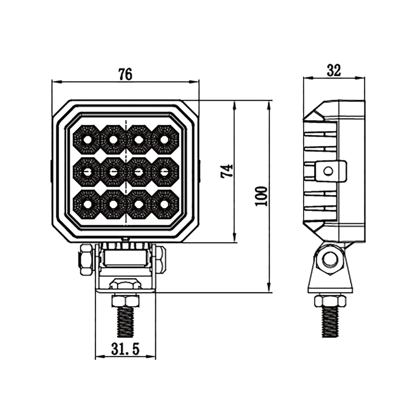 Technical drawing of a work lamp with dimensions