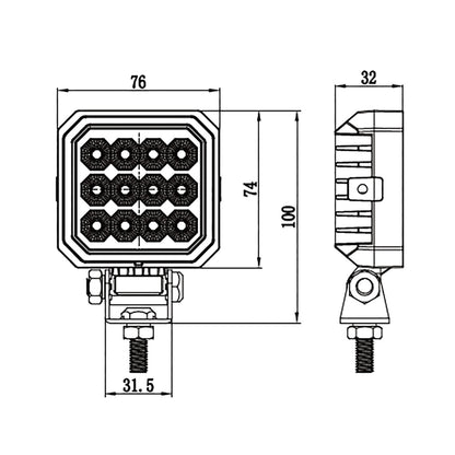 Technical drawing of a work lamp with dimensions
