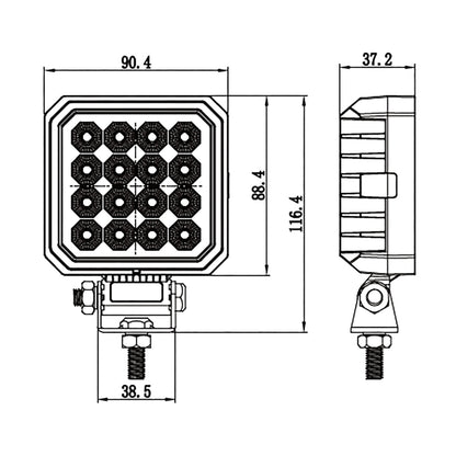 Technical drawing of a rectangular light fixture with dimensions