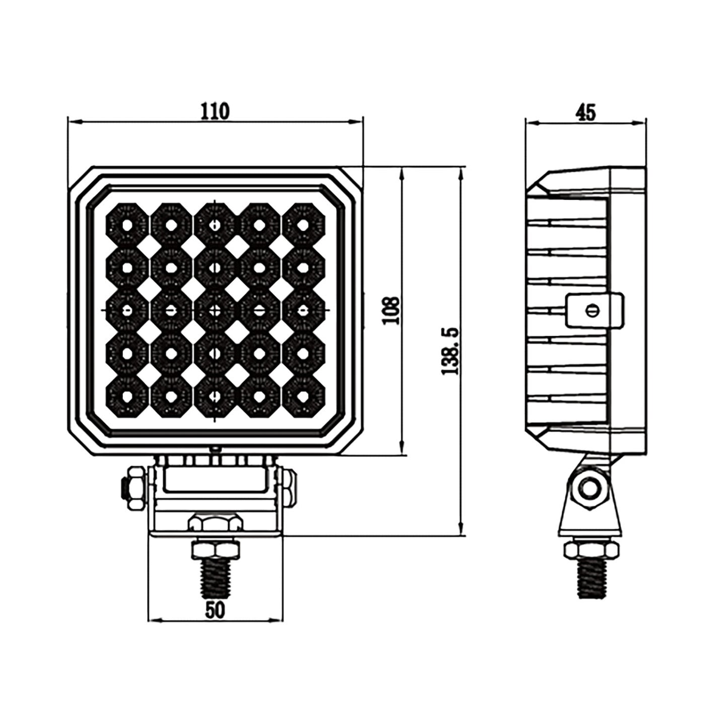 Technical drawing of a rectangular light fixture with dimensions