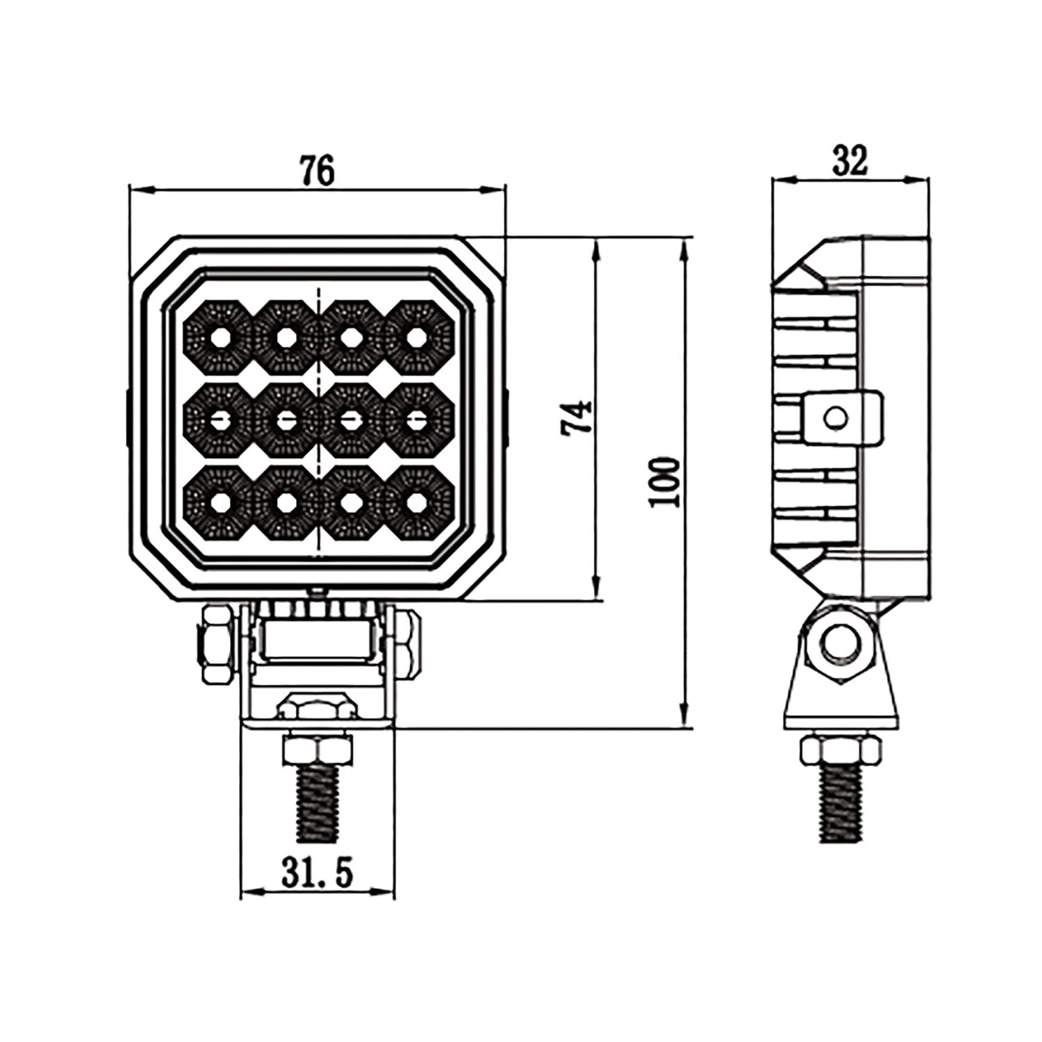 Work Lamp with 12 LED on a white background with dimensions