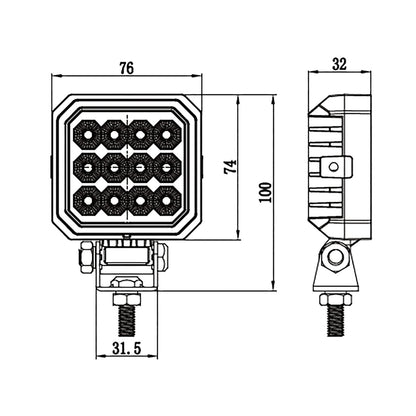 Work Lamp with 12 LED on a white background with dimensions