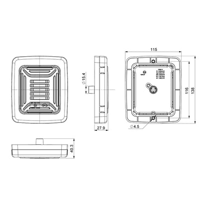 Technical drawing of Horpol CUBE Rear Combination Lamp with dimensions on a white background