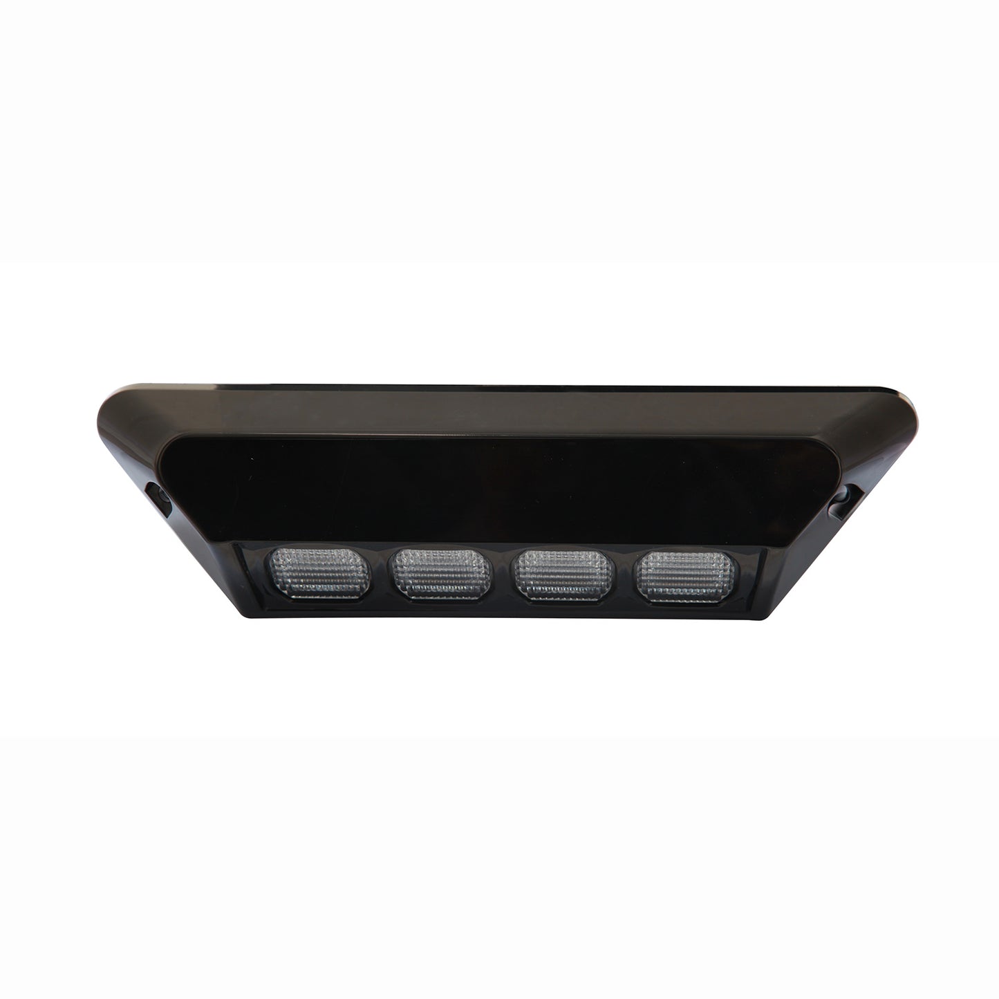 Black rectangular light fixture with four visible LED lights on a white background