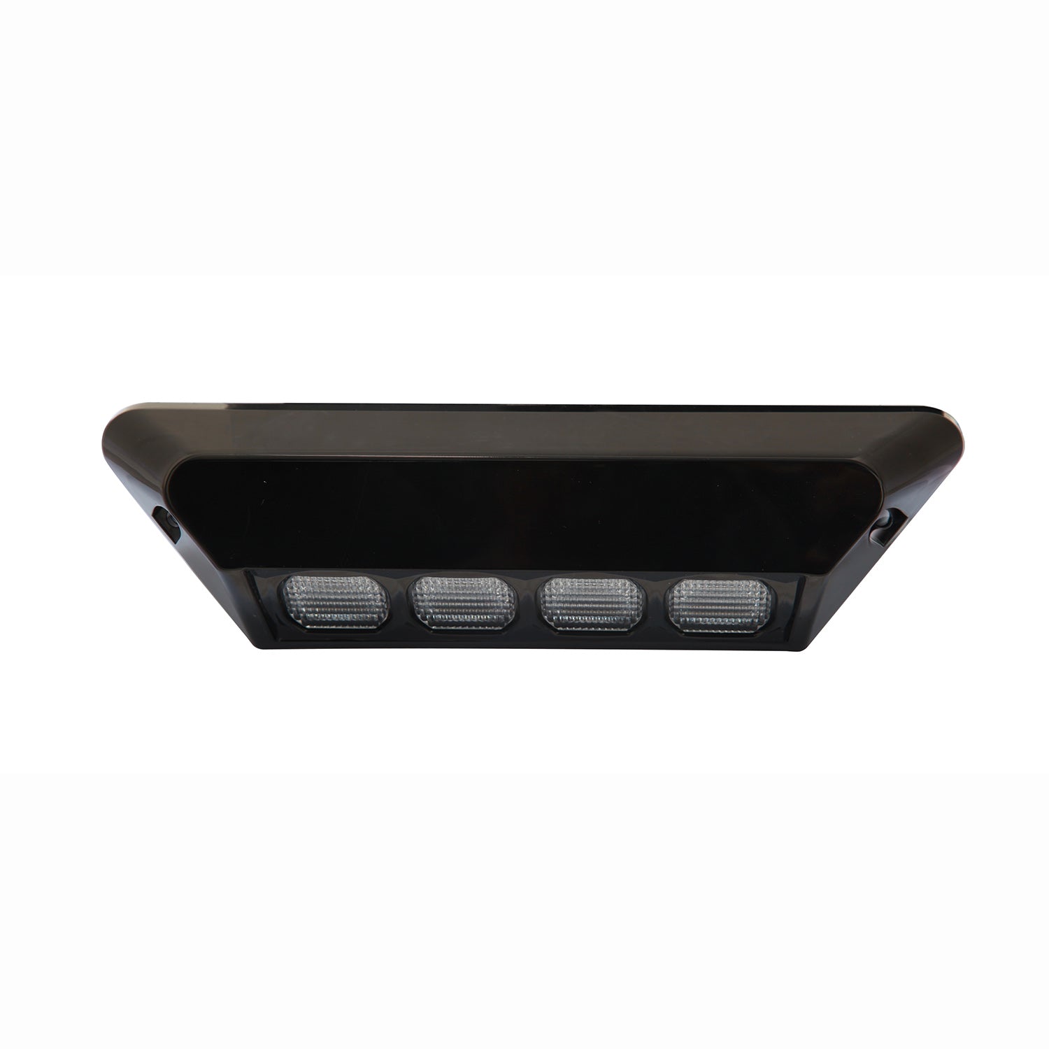 Black rectangular light fixture with four visible LED lights on a white background