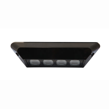 Black rectangular light fixture with four visible LED lights on a white background
