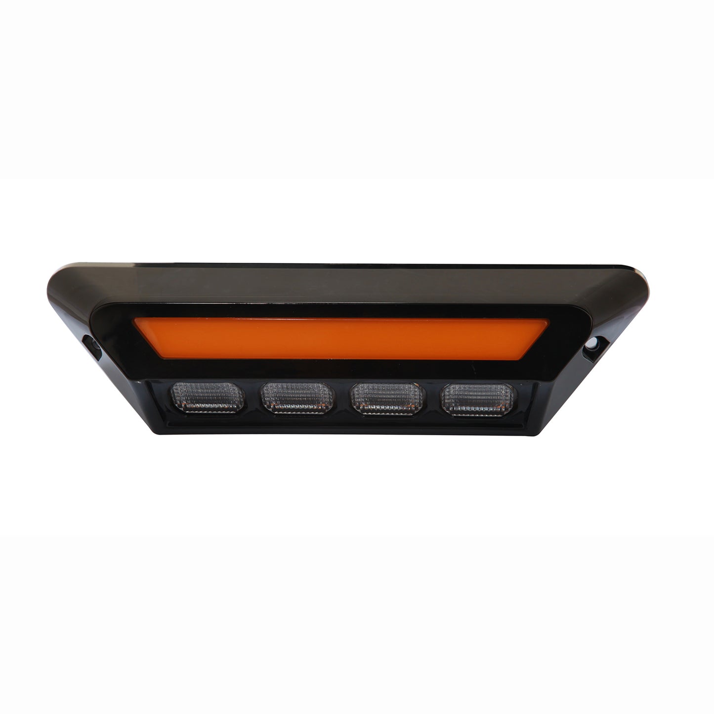 Black LED light bar with orange lens on a white background