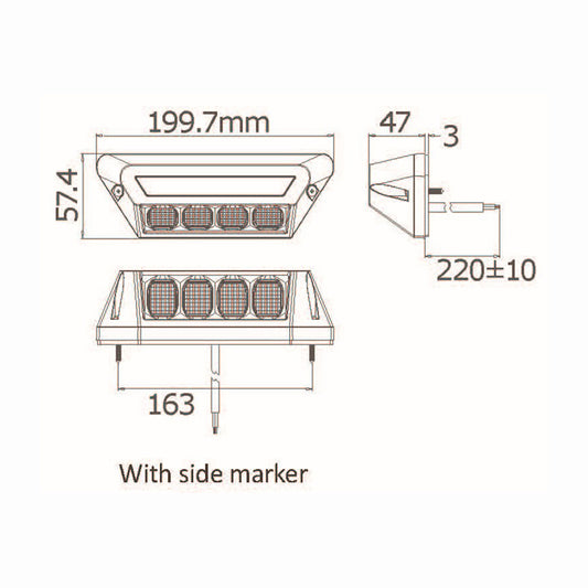 Technical drawing of a work lamp with dimensions labeled