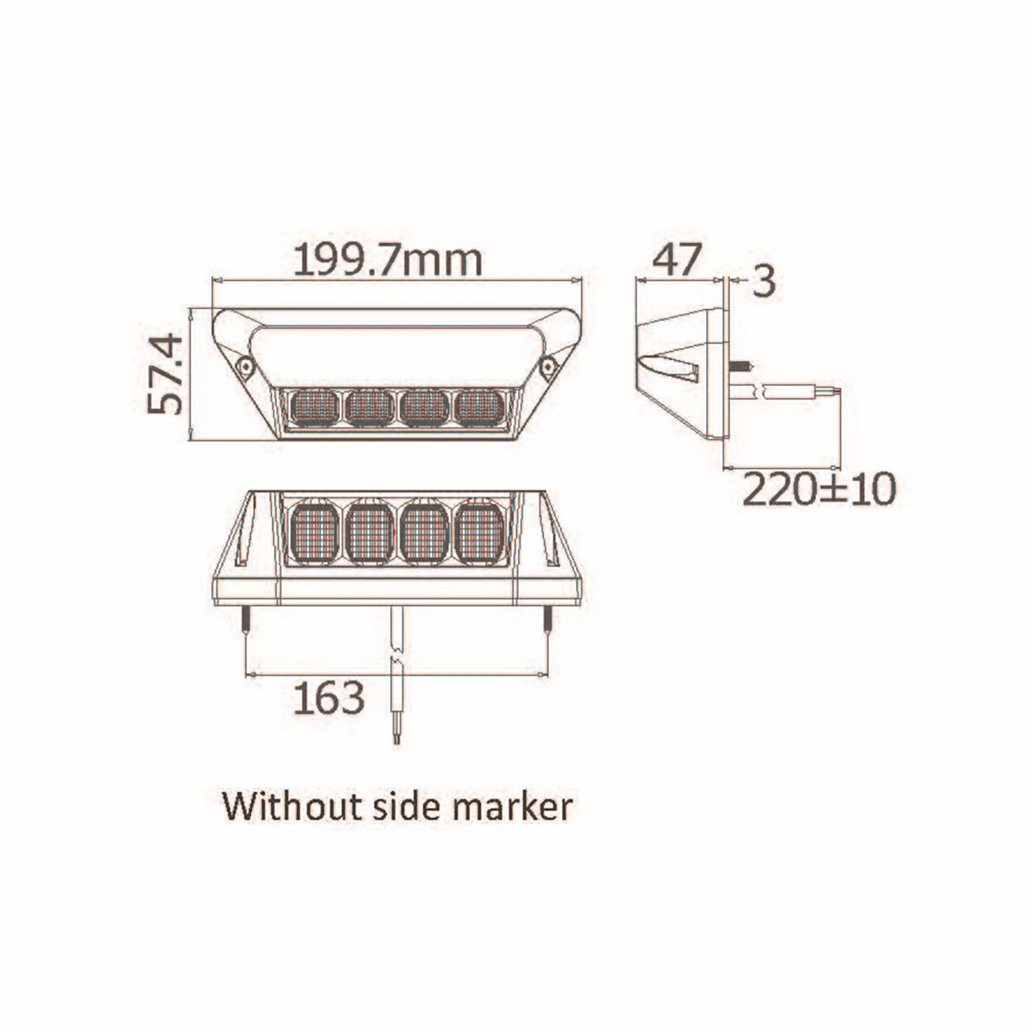 Technical drawing of a vehicle light assembly without side marker, showing dimensions on a white background.