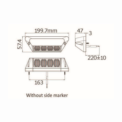 Technical drawing of a vehicle light assembly without side marker, showing dimensions on a white background.