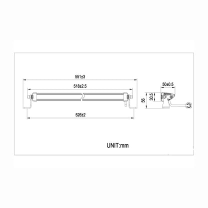 Technical drawing of a work lamp with dimensions labeled in millimeters
