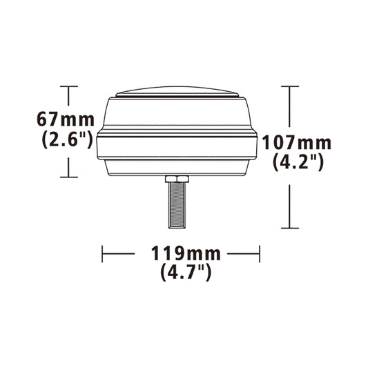 Measurement chart of a warning light with dimensions labeled in millimeters and inches.