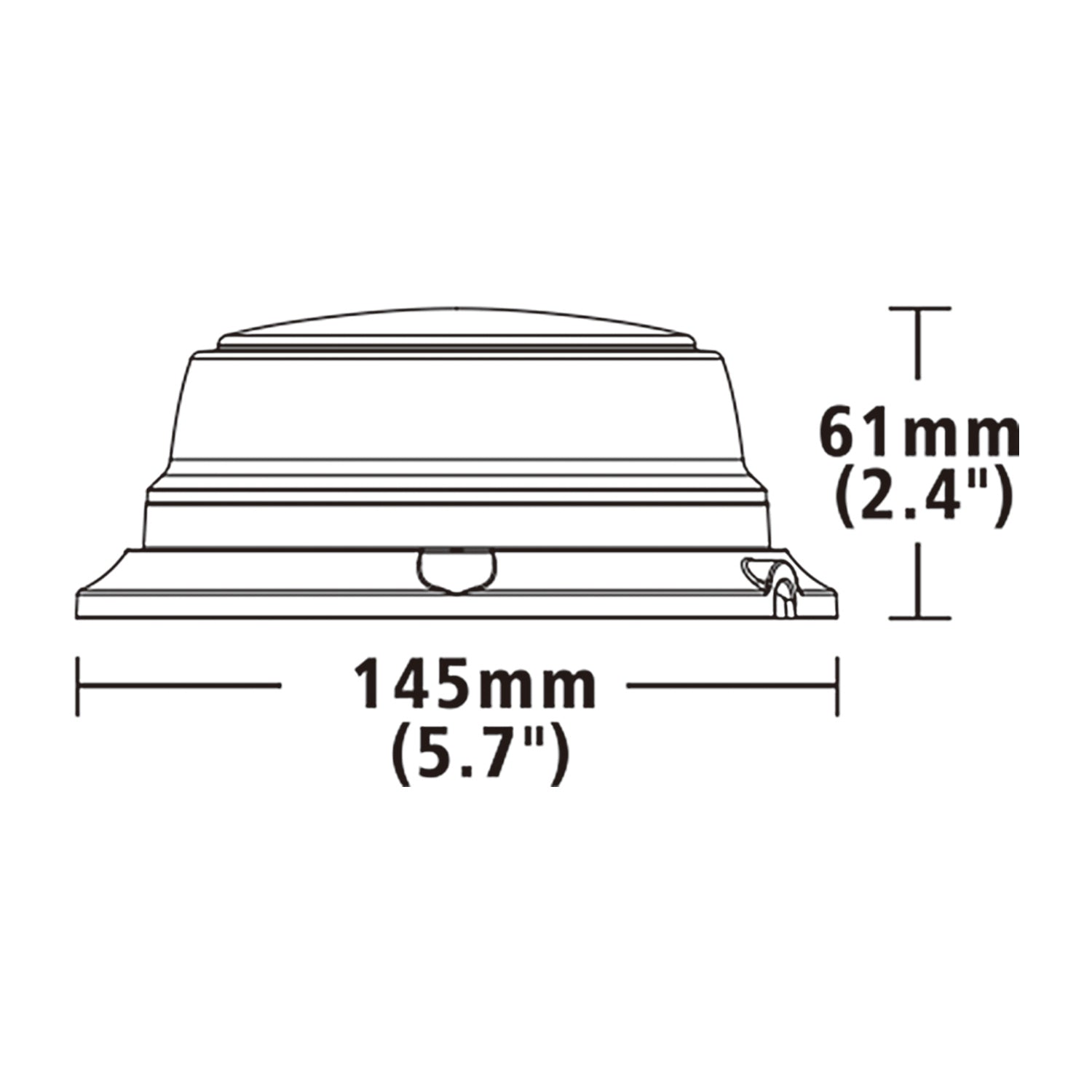 Technical drawing of a warning light with dimensions labeled