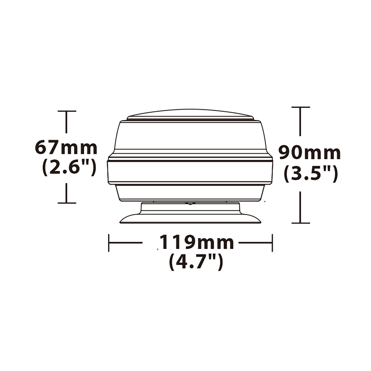 Measurement chart of a warning light with dimensions labeled in millimeters and inches.