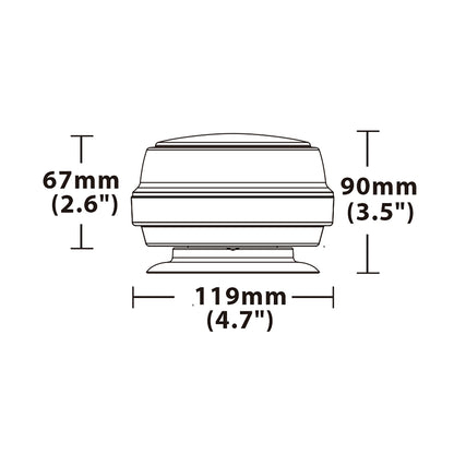 Measurement chart of a warning light with dimensions labeled in millimeters and inches.