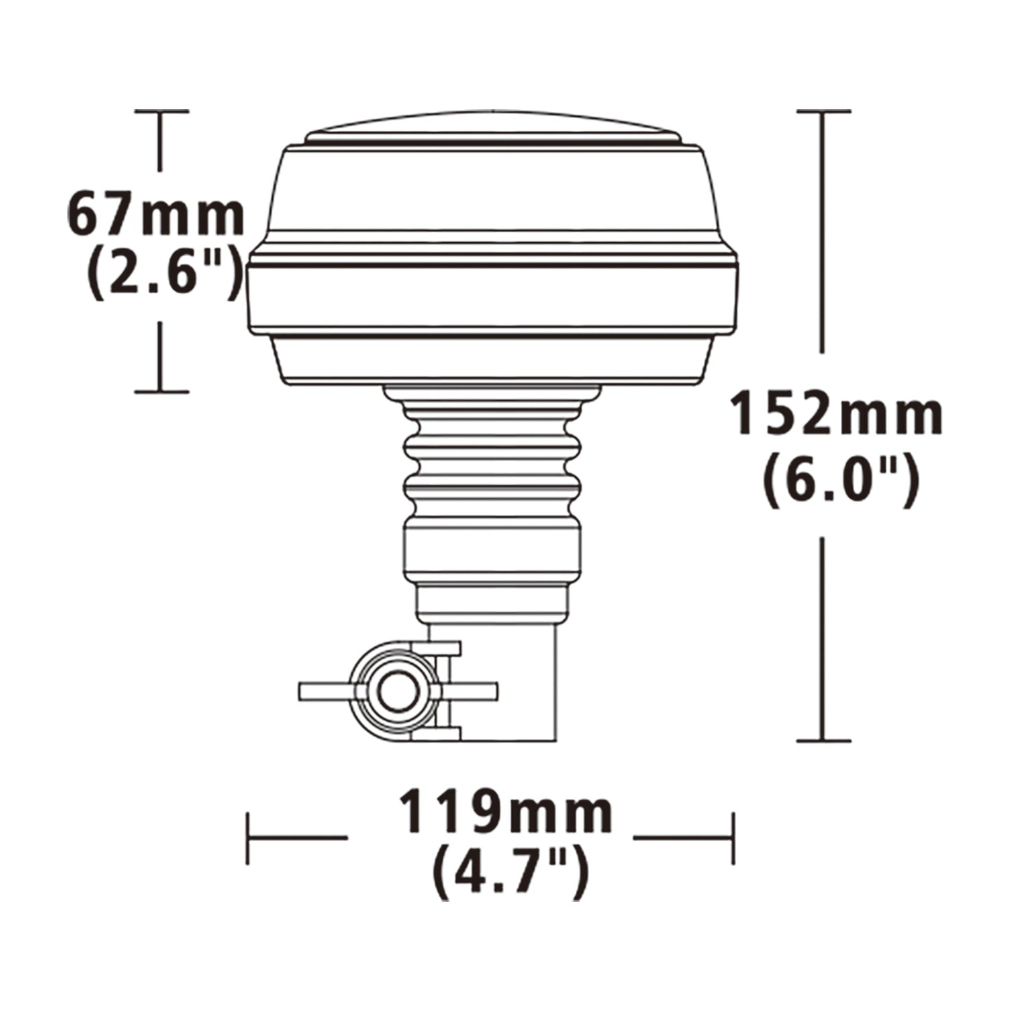 Technical drawing of a warning light with dimensions labeled