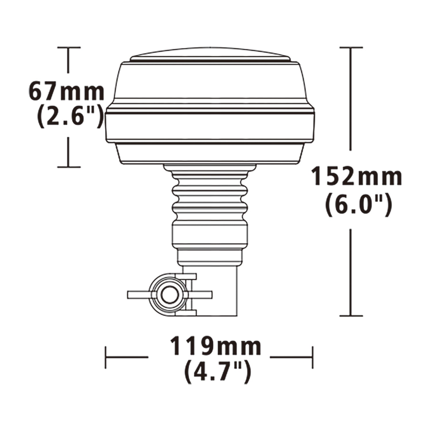 Technical drawing of a warning light with dimensions labeled