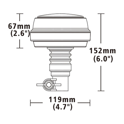 Technical drawing of a warning light with dimensions labeled