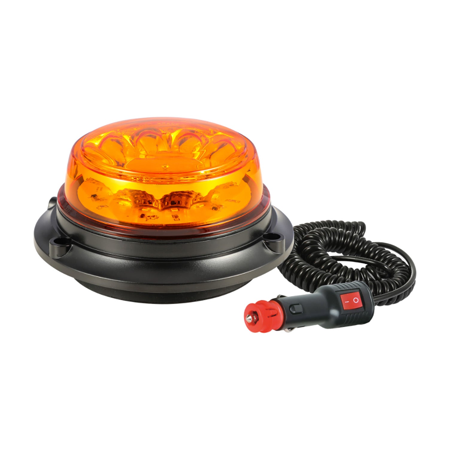 Orange warning light with black base on a white background